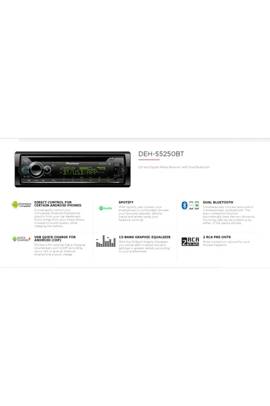 Pioneer DEH-S5250BT TEYP BLUETOOTH USB AUX ÇİFT AMFİ ÇIKIŞI FLAC - 6