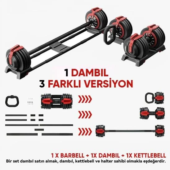KingSmith Mekanik Ayarlı 24KG Dambıl, Kettlebell, Halter Seti (3ü1 Arada) - Resim 3