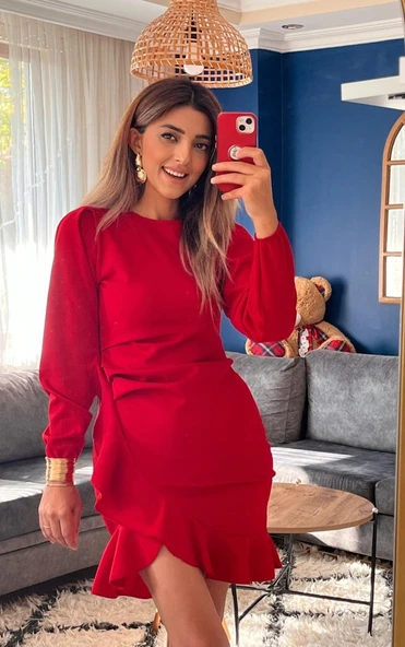 Kadın Uzun Kollu Bisiklet Yaka önden Volanlı Ithal Krep Elbise ürün görseli