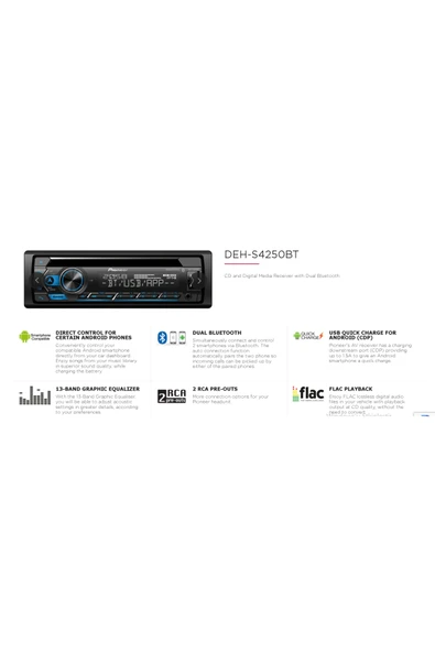 Pioneer DEH-S4250BT TEYP BLUETOOTH USB AUX ÇİFT AMFİ ÇIKIŞI FLAC - 8