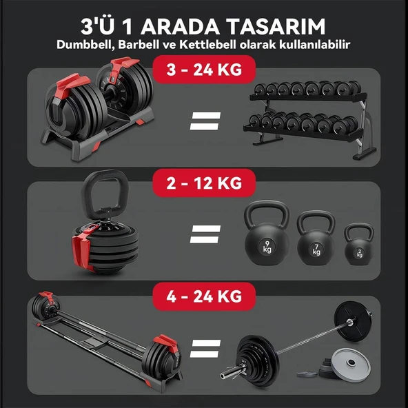 KingSmith Mekanik Ayarlı 24KG Dambıl, Kettlebell, Halter Seti (3ü1 Arada) - 4