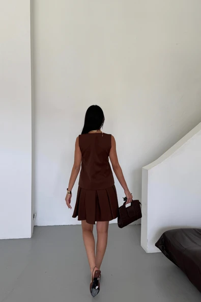 YELEK - PİLELİ ETEK GÖRÜNÜMLÜ ELBİSE - Kahverengi - 4