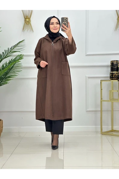 Kadn Tesettür Kapüşonlu Kaşe Kaban - 3