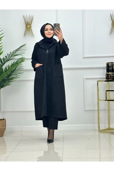 Kadn Tesettür Kapüşonlu Kaşe Kaban - 5