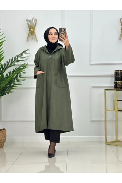 Kadn Tesettür Kapüşonlu Kaşe Kaban - 4