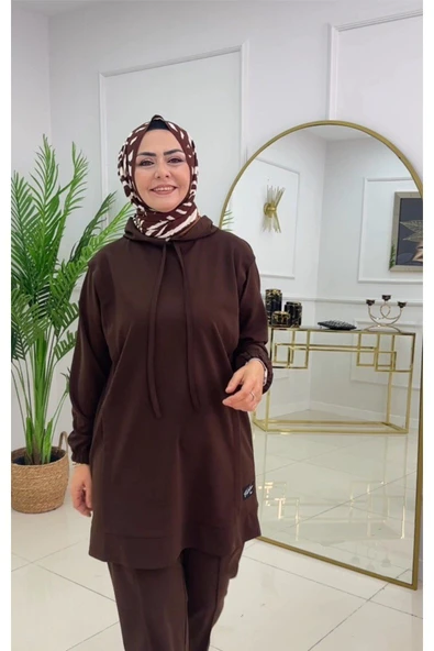 Tesettür Takım İkili Tunik Pantolon Takımı Kapüşonlu İp Detaylı Tunik - 10