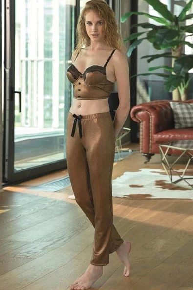 AmoraSecret AmoraSecret Balenli Destekli Dolgulu Parlak Baskılı Dantelli Büstiyer ve Pantolon Pijama Takım (4176) - 2