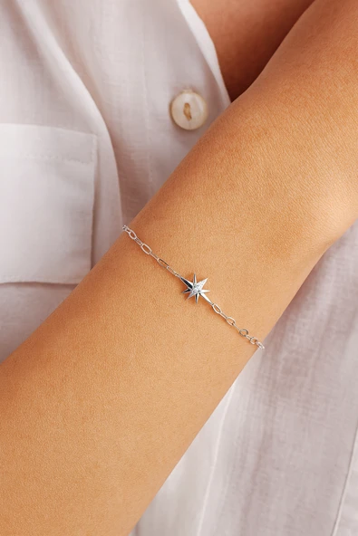Yıldız Figürlü 925 Ayar Zirkon Taşlı Zincir Kadın Gümüş Bileklik - 2