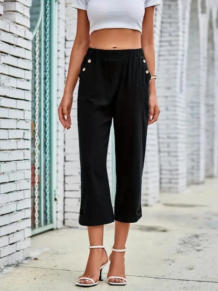 Kadın Beli Lastikli Düğme Ve Cep Detaylı Kapri Ithal Keten Pantolon - Resim 3
