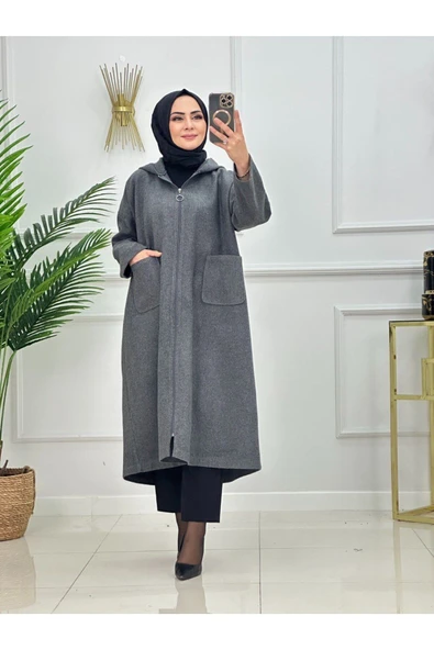 Kadn Tesettür Kapüşonlu Kaşe Kaban