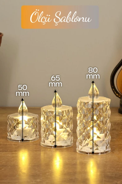 3’lü Elmas Kristal Desenli LED Mum Seti Pilli Dumansız Alevli Dekoratif Yapay Mum - Resim 7