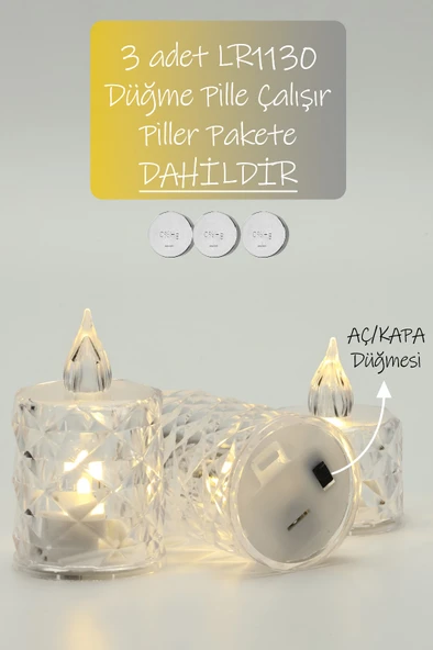 3’lü Elmas Kristal Desenli LED Mum Seti Pilli Dumansız Alevli Dekoratif Yapay Mum - Resim 6