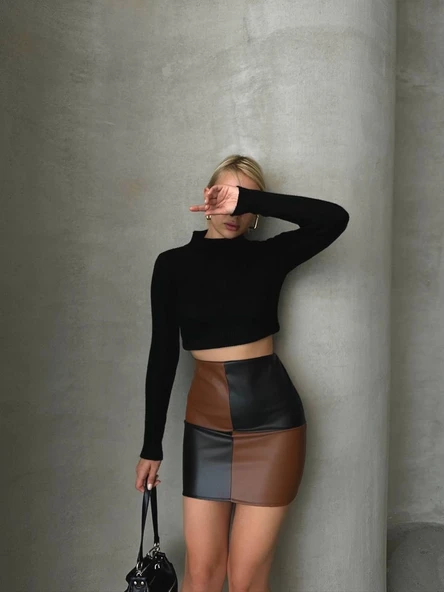 Damalı deri etek siyah kahve w24648 - Resim 4