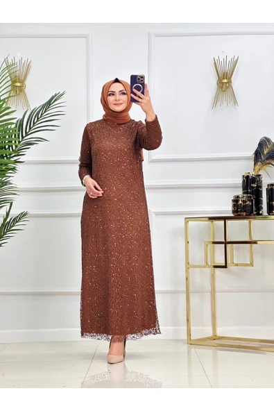 Tesettür Abiye Elbise Taşlı Işıltılı Elbise - Resim 11