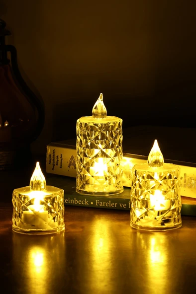 3’lü Elmas Kristal Desenli LED Mum Seti Pilli Dumansız Alevli Dekoratif Yapay Mum - Resim 2