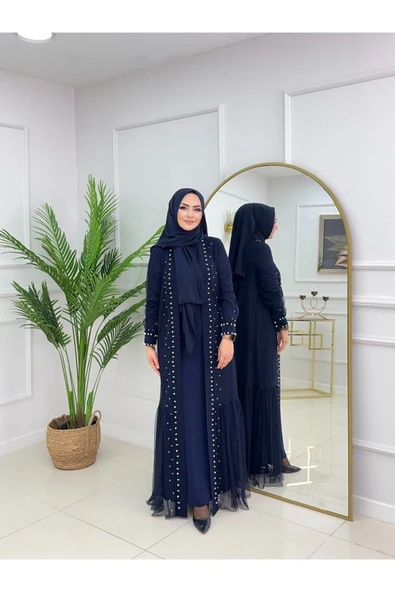 Kadın Tesettür Abaya Takım, Uzun Kollu Elbise ve Tül Abaya - 3