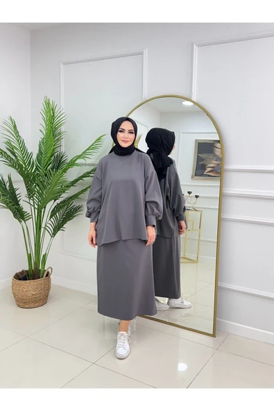 Kadın Tesettür Takım 2'Li Takım Etek & Tunik İnce Triko - 6