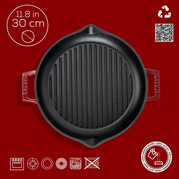 Lava Döküm Yuvarlak Izgara Tavası Döküm Demir Yekpare Çift Kulplu Çap(Ø)30cm.-Bordo - Resim 4