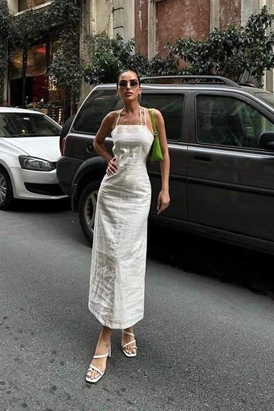 Trisha Sırt Dekolteli Keten Elbise 2496-20 ELBİSE ürün görseli