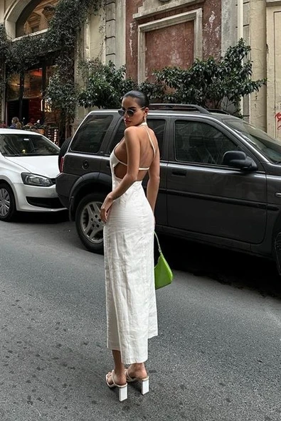 Trisha Sırt Dekolteli Keten Elbise 2496-20 ELBİSE - Resim 3