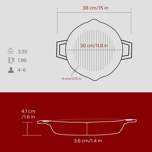 Lava Döküm Yuvarlak Izgara Tavası Döküm Demir Yekpare Çift Kulplu Çap(Ø)30cm.-Bordo - Resim 5