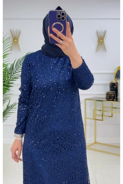 Tesettür Abiye Elbise Taşlı Işıltılı Elbise - Resim 10