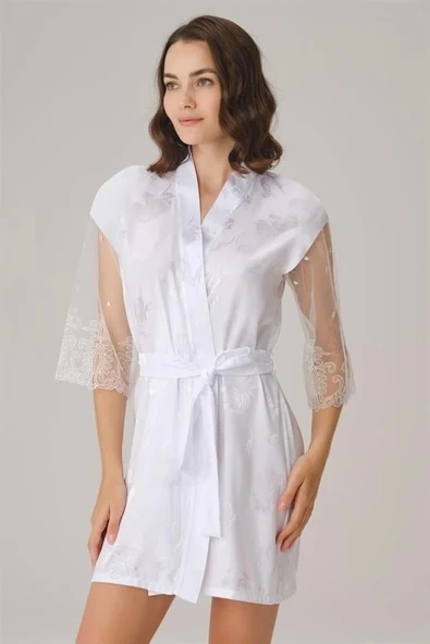 Çeyizlik Uzun Kol V Yaka Kadın Saten Düz Yazlık Mini Dantel Detaylı Sabahlık ürün görseli