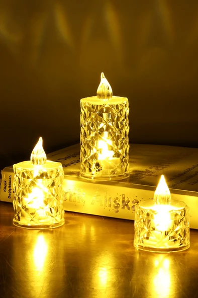 3’lü Elmas Kristal Desenli LED Mum Seti Pilli Dumansız Alevli Dekoratif Yapay Mum - Resim 3