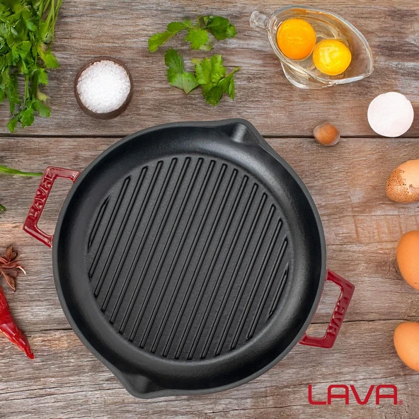 Lava Döküm Yuvarlak Izgara Tavası Döküm Demir Yekpare Çift Kulplu Çap(Ø)30cm.-Bordo - Resim 7