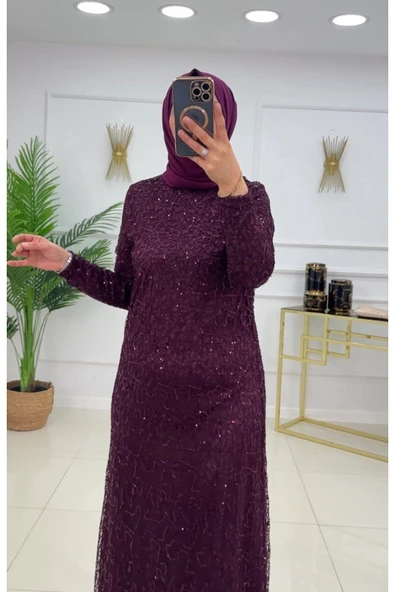 Tesettür Abiye Elbise Taşlı Işıltılı Elbise - Resim 3
