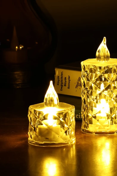 3’lü Elmas Kristal Desenli LED Mum Seti Pilli Dumansız Alevli Dekoratif Yapay Mum - Resim 4