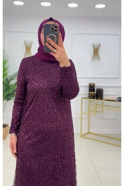 Tesettür Abiye Elbise Taşlı Işıltılı Elbise - Resim 2