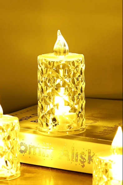 3’lü Elmas Kristal Desenli LED Mum Seti Pilli Dumansız Alevli Dekoratif Yapay Mum - Resim 8