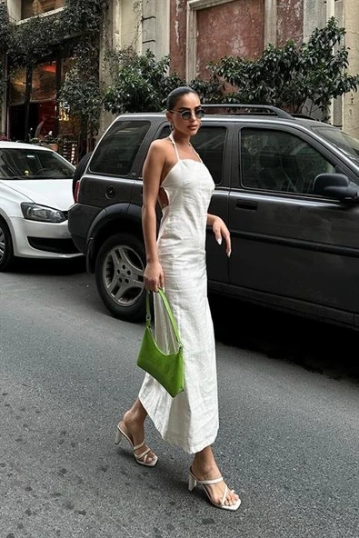 Trisha Sırt Dekolteli Keten Elbise 2496-20 ELBİSE - Resim 6