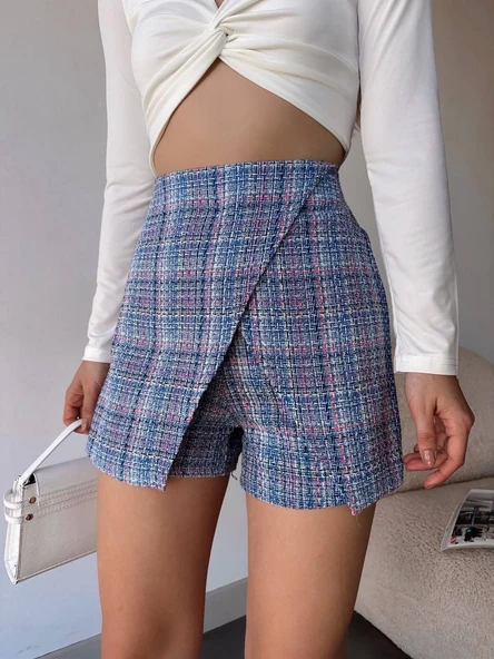 Kapaklı tüvit şort etek mavi - Resim 2