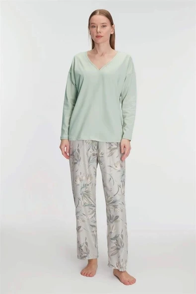 AmoraSecret AmoraSecret Uzun Kol V Yaka Pijama Takımı - 1