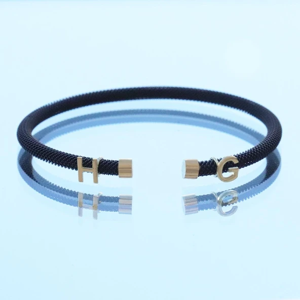 Kişiye Özel Harfli Siyah-Gold Gümüş Erkek Bilekliği - Resim 5