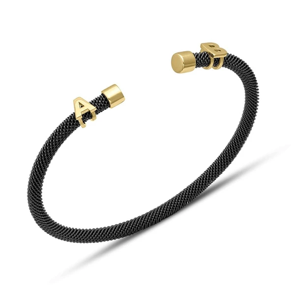 Kişiye Özel Harfli Siyah-Gold Gümüş Erkek Bilekliği ürün görseli 1