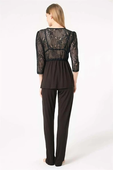 AMORA SECRET Arias Closet Dantelli Sabahlık Balensiz Desteksiz Dolgusuz Yaka Detaylı Sütyen ve Pantolon Pijama 3'lü Takı - 3