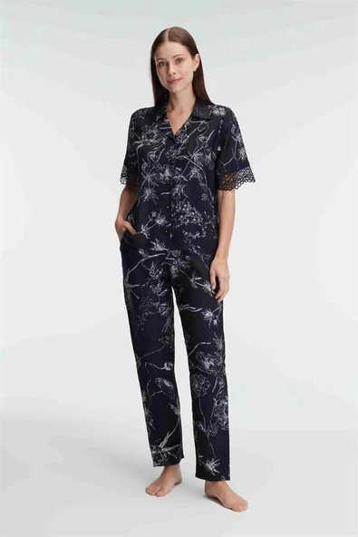 AmoraSecret AmoraSecret Yarım Kollu V Yaka Kadın Viskon Çiçek Desenli Yazlık Dokuma Dantel Detaylı Pijama Takımı - 1