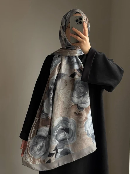 Pamuklu Rose Desen Şal-Gri/Vizon - 3