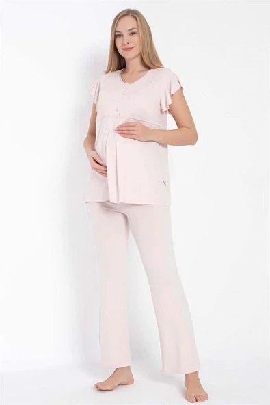 Kısa Kol Bisiklet Yaka Kadın Viskon Dantel Detaylı Hamile Pijama Takımı Sabahlık - Resim 2