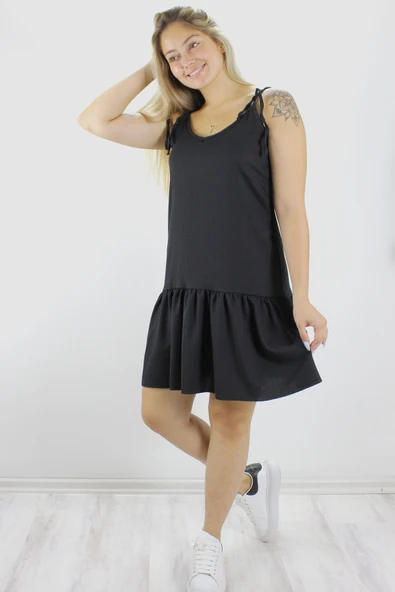 Krinkıl İp Askılı Elbise Siyah - 1456.65 ürün görseli