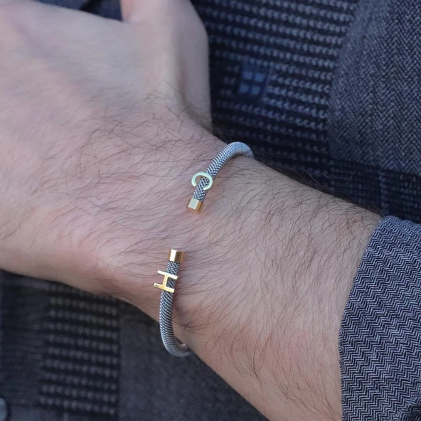 Kişiye Özel Harfli Gümüş-Gold Erkek Bilekliği - Resim 3