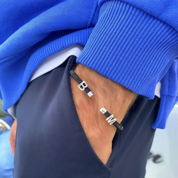 Kişiye Özel Harfli Lacivert-Gümüş Erkek Bilekliği - Resim 4