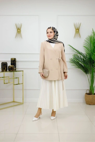 Kadın Blazer Ceket Düğme Kapama ve Kuşak Kapama Detaylı - 10