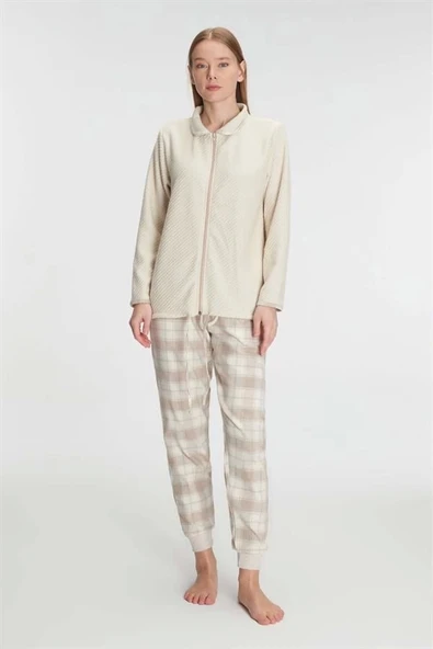 AmoraSecret AmoraSecret Fermuarlı Uzun Kol Sweatshirt Pantolon Takım Viskon ve Pamuklu Pijama Takımı - 1