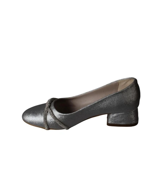 YAZKIŞ Kadın Siyah Cilt Gümüş Parlak Üzeri Burgu Taşlı Yuvarlak Burun 3cm Kare Topuk Ayakkabı - Resim 8