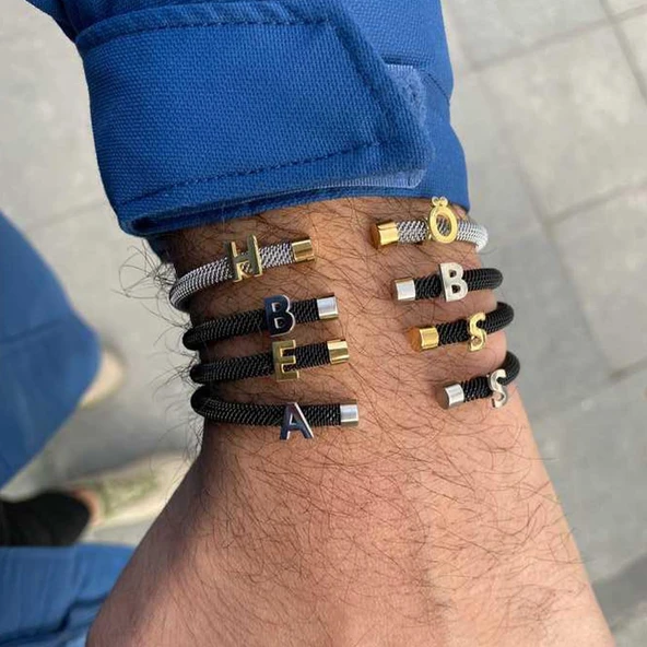 Kişiye Özel Harfli Kahverengi-Gold Erkek Bilekliği - Resim 2