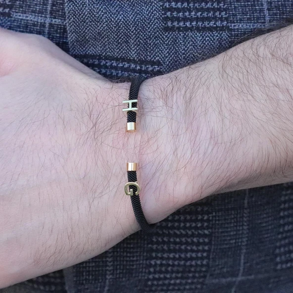 Kişiye Özel Harfli Siyah-Gold Gümüş Erkek Bilekliği - Resim 4